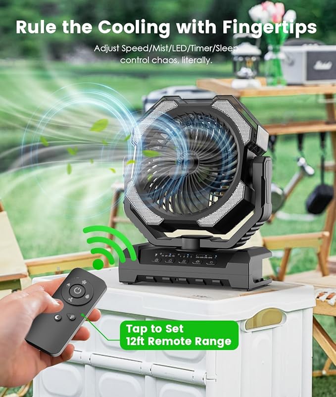 Camping Misting Fan - 30000mAh Portable Battery Powered Fans with 9oz Water Tank, Light, Hook - Rechargeable, 120H Cooling, Last 5H Mist, 4 Speed, Sleep Mode - Outdoor Fan for Travel, Patios, Fishing