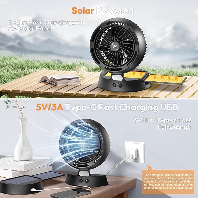 Solar Outdoor Camping Fan for Greenhouse,Rechargeable Battery Operated Fans Solar Portable Cooling Fan 10440mAh with PowerBank,7W,LED Lantern,for Tent,Car,Cruise Ship