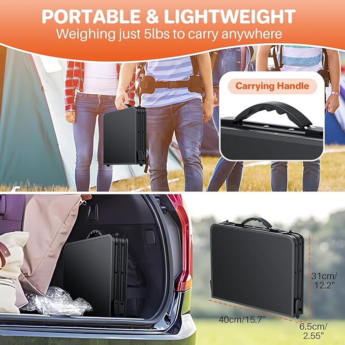FUNYKICH 2ft Small Folding Camping Table(22.8'' Lx15.7'' W), 3 Height Adjustable Portable Picnic Table, Lightweight Aluminum Outdoor Table with Carry Handle for Camping, BBQ, Beach, Picnic, Black