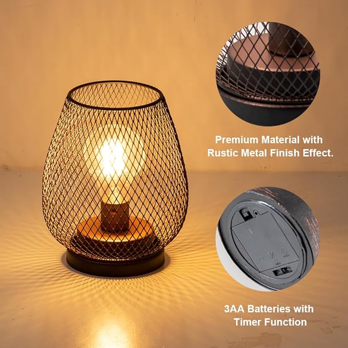 DECORKEY Set of 4 Battery Operated Lamp LED Table Lantern, Brown Metal Cage Cordless Lamps with LED Bulb,Vintage Decorative Outdoor Lantern for Weddings, Parties, Patio, Events for Indoors Shelf Decor