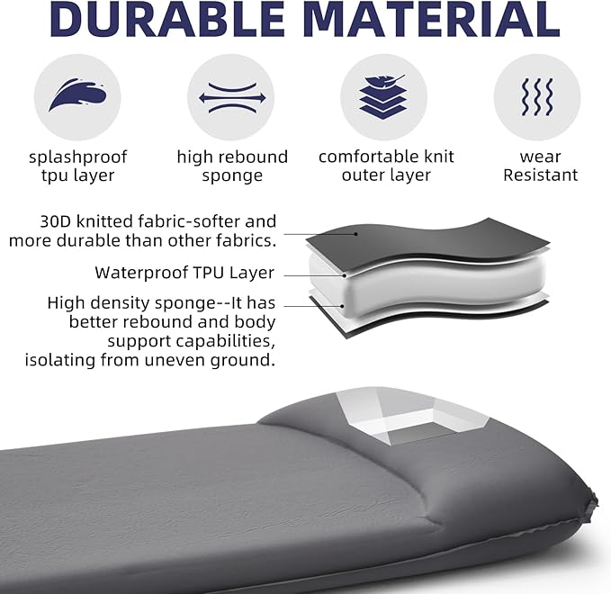 INVOKER Camping Sleeping Pad 2.75” Memory Foam Fast Self Inflating Insulated Durable Camping Mat Air Mattress with Pillow,for Tent, Traveling, Car, Camping, Grey