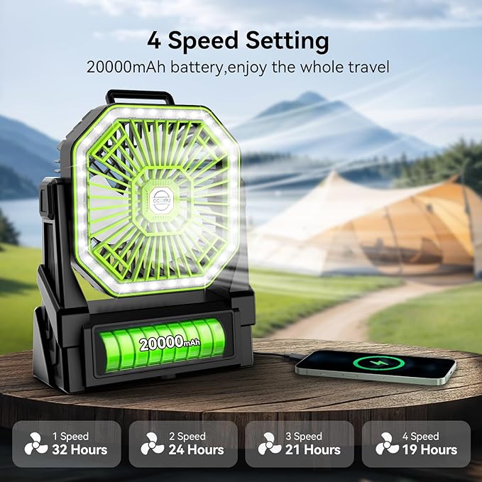 Portable Battery Powered Fan with 4 Lights, 20000mAh Battery Operated Fans with Remote, Outdoor Camping Fan Rechargeable, 4 Speed, 4 Timer for Picnic, Barbecue, Fishing, Home