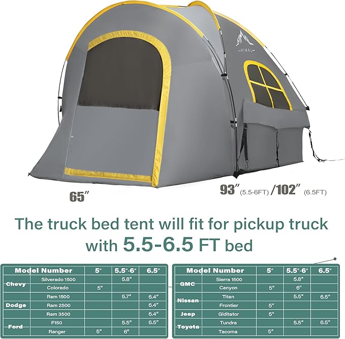 Pickup Truck Tent, Waterproof PU2000mm Double Layer for 5.5-6.0 FT Truck Bed, Portable Bed Tent for Camping, Gray