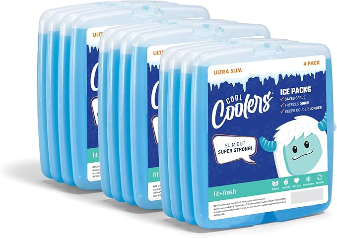 Cool Coolers By Fit & Fresh 12 Pack Slim Ice Packs, Quick Freeze Space Saving Reusable Ice Packs for Lunch Boxes or Coolers, Clear Blue Kids Ice,12 Pack
