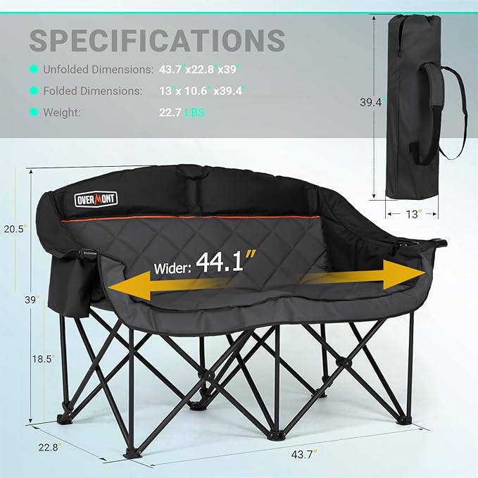 Overmont Oversized Double Camping Chair - 2 Person Comfort Couch Chair Loveseat for Adults - Heavy Duty Lawn Chairs with Cooling Bag&Wine Racks - Support 850LBS Black