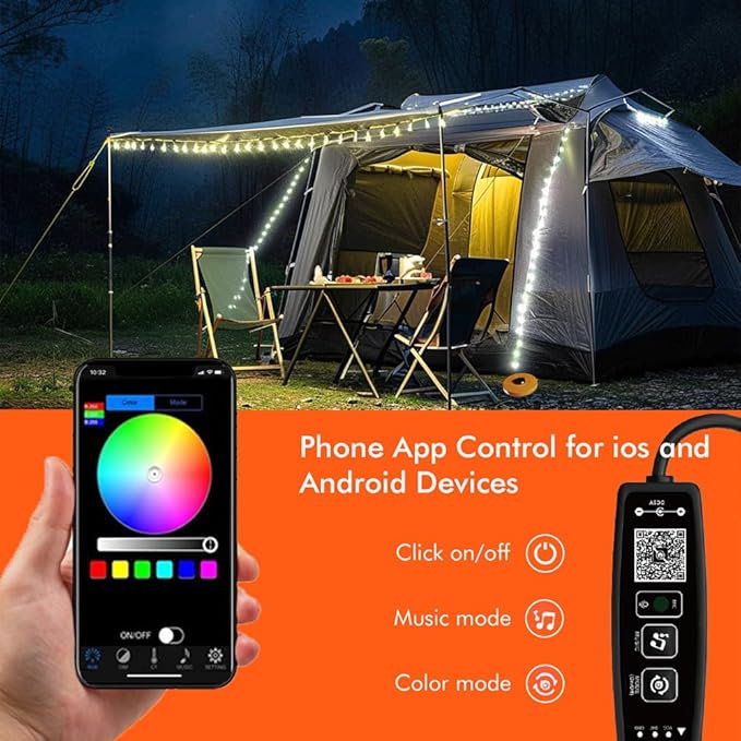 Color Changing APP Controlled Led Camping Lantern, Waterproof Retractable and Reusable for Emergency Yard Decor, Christmas, Tent Lights (Warm-White 32.8Ft)