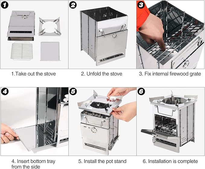 REDCAMP Wood Burning Folding Camp Stove Stainless Steel Grill and Pot Stand, Portable Collapsible Backpacking Stove Survival Rocket Stove for Hiking Outdoor Tent Camping Picnic, Largel with Pot Stand