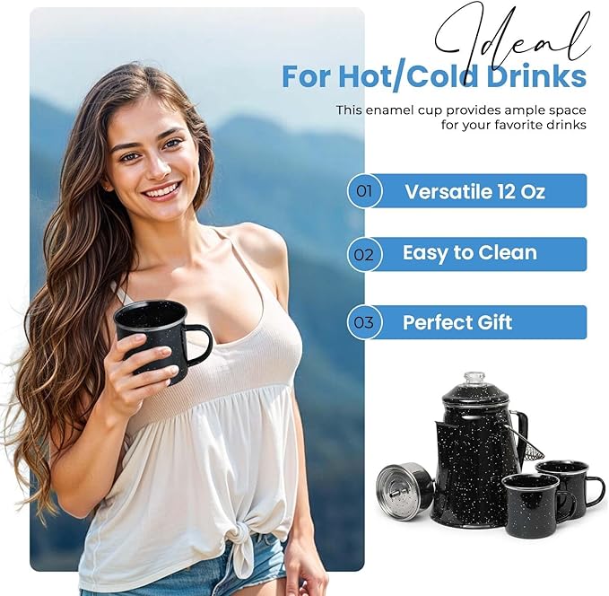 Toughty Enamel Coffee Percolator with 2 Cups - Stovetop Camping Coffee Maker for Open Fire, Grill or Gas Stove - Durable Old-Fashioned Cowboy-Style Metal Pot - 12-cup Classic Design - Black