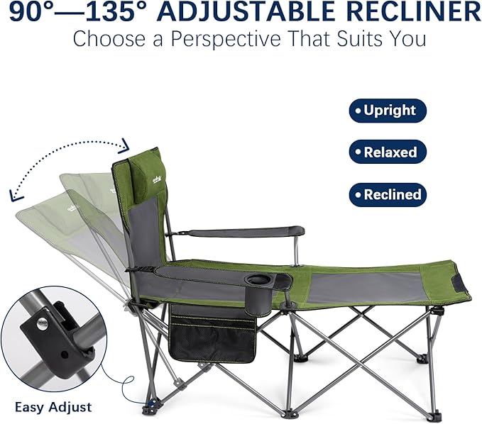 apollo walker Camping Chairs for Adults - 6 Legged Beach Chair with Foot Rest, Adjustable 90° - 135° Reclining Lounge Chair Outdoor, Folding Chairs for Outside with Detachable Pillow & Carry Bag Green