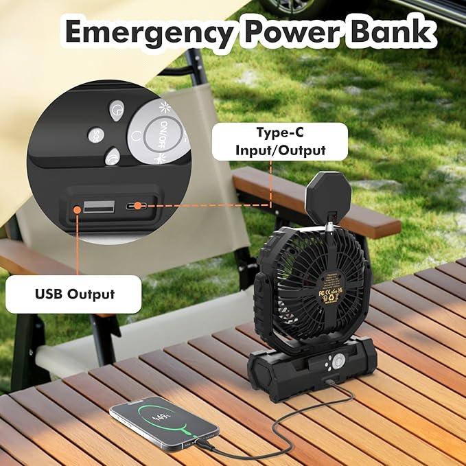 Portable Fan, AI Outdoor Rechargeable Camping Fan with Light, 20000mAh Battery Powered, 360° Rotating Hook, 4 Speeds for Indoor, Traveling, Tenting, RVing, Fishing, Beach (Black)