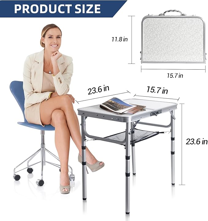 Small Folding Table 2FT Lightweight Portable Aluminum Camping Table for Picnic and Camping Mini Foldable with Adjustable Extended Height,Silver
