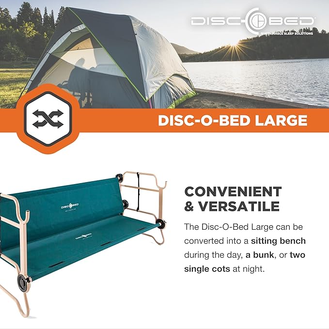 Disc-O-Bed Large Outdoor Convertible 2 Person Bench and Double Camping Cot Portable Bed Bunk System for Adults