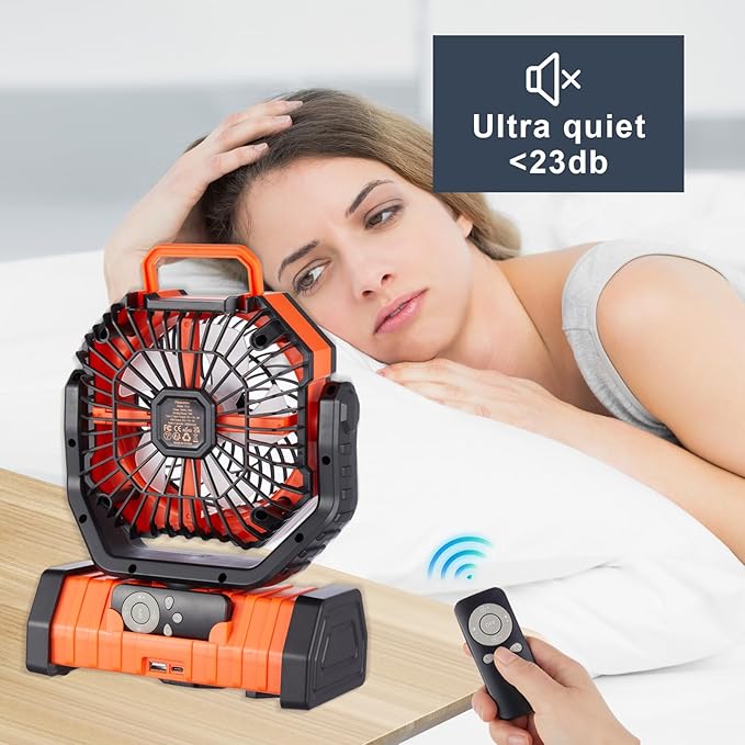 Rechargeable Fan,Operated Camping Battery Powered Fan with Hook&Bright LED Light,Remote Control Timer Auto Oscillation Cordless Outdoor for Power Outage,Picnic,Barbecue,Jobsite,Home,Fishing,Travel