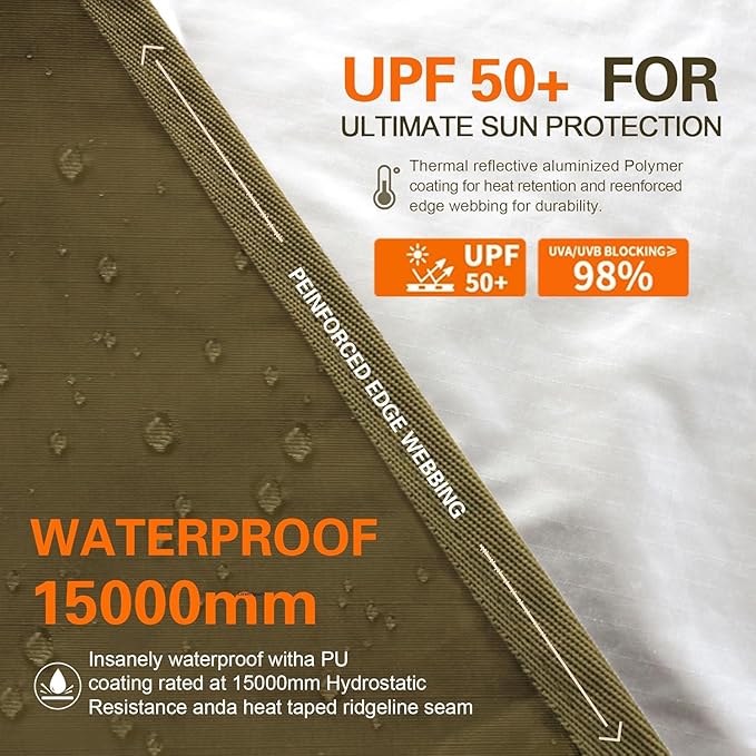 GOLDCAMP Bushcraft Emergency Camping Tarp,70D Nylon 10X13.2FT Hammock Rain Fly ,UV 50+ and PU15000mm Tent Tarp Shelter Canopy,Heavy Duty Multifunctional Sun Shade Essentials for Hiking (10X13.2ft)