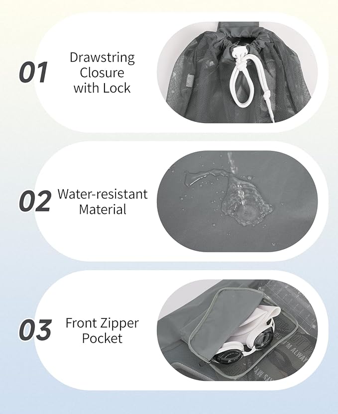WANDF Swim Bag Foldable Mesh Drawstring Bag with Quick-dry Shoulder Strap Beach Backpack with Wet Pocket for Swimming, Gym, and Workout Gear (Grey Patent Pending)