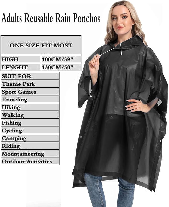 Reusable Rain Ponchos with Drawstring Hood for Adults, Waterproof Thicken Rain Coat, 2 Packs