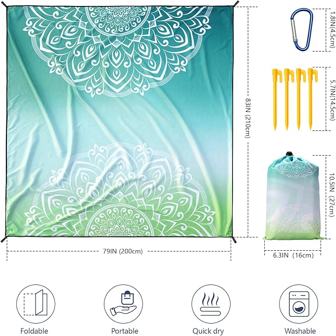 Beach Blanket Waterproof Sandproof Beach Mat 79" X 83" /10'x9'for 2-8 Adults Quick Drying Outdoor Picnic Mat Beach Accessories for Travel, Camping, Hiking