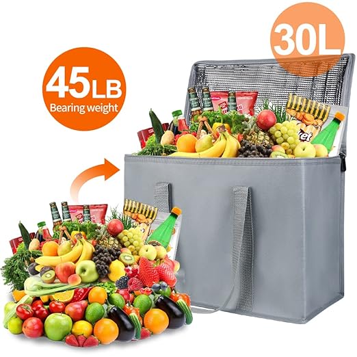 Bodaon 1-Pack Insulated Reusable Grocery Shopping Bags, X-Large Pizza Delivery Cooler Bag for Hot/Cold Food, Grey