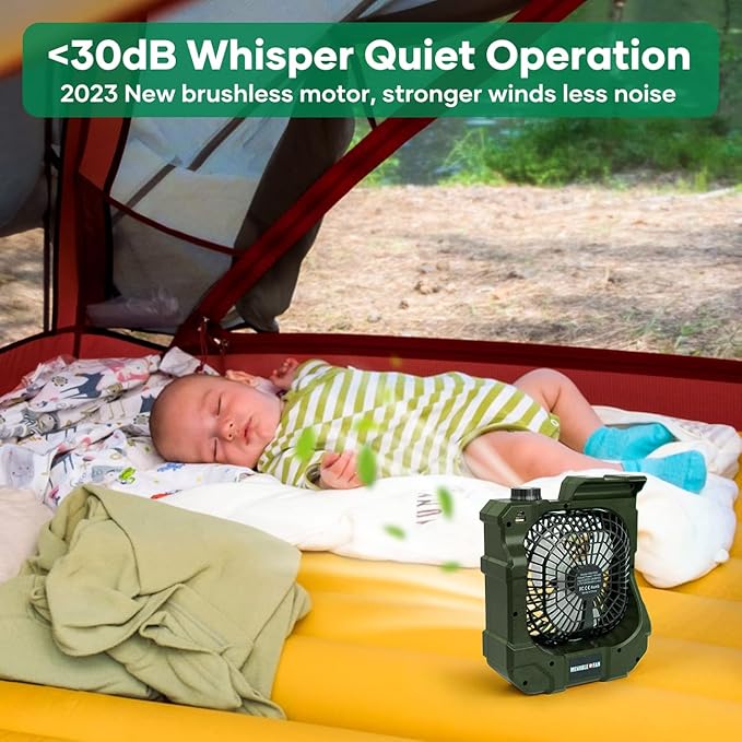 kejector Portable Rechargeable Camping Fan - Battery Operated Oscillating Fan Outdoor Travel Cordless Misting Fans with LED Lantern, USB Ports, Summer Personal Cooling Desk Fans for Tent (Green)