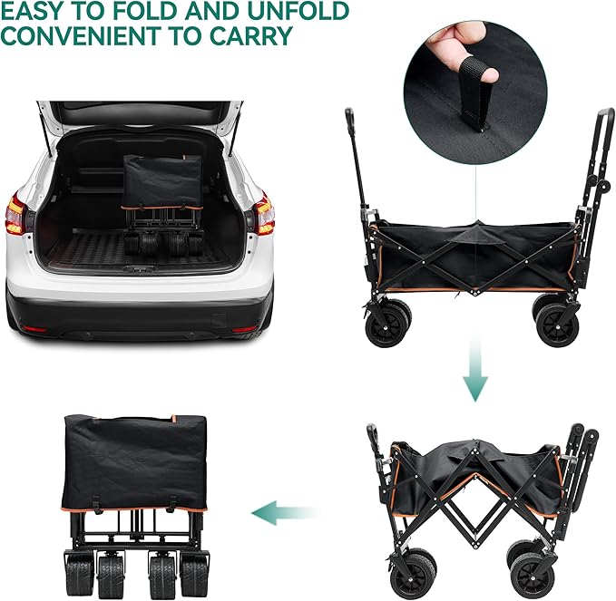 YITAHOME Collapsible Garden Cart w/Removable Canopy, Heavy Duty Outdoor Foldable Wagon Cart w/Rear Storage and Flexible Swivel Wheels for Shopping, Picnic, Camping, Sports,Black