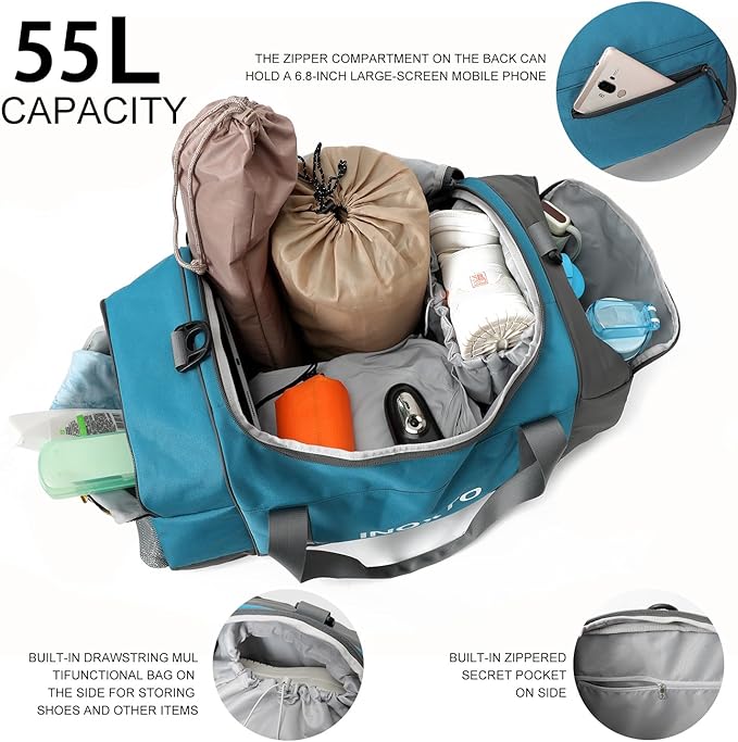 Sports Gym Bag,INOXTO Travel Duffel Bag with Dry Wet Pocket And Shoe CompartmentFor Women and Men,40L/55L Fitness Waterproof Weekender Bag For Swim Sports Travel Working Out (Blue White, 55L)