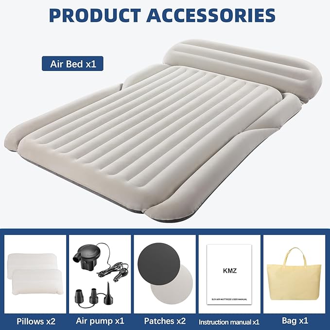 KMZ SUV Air Mattress Thickened Double Flocking Camping Mattress Upgraded Portable Sleeping Car pad Comfortable Inflatable Travel Bed with External Pump and 2 Pillows(Off-White and Light Gray)