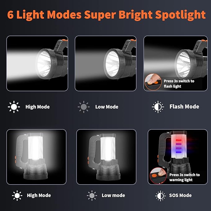 Superbright Handheld LED Spotlight Flashlight Powerful Searchlight USB Rechargeable Lantern Waterproof Tactical Torch Portable 6 Light Modes Side Floodlight (Yellow Light)