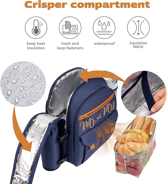 Couple Gifts 22L Picnic Basket Set, Blue Insulated Picnic Backpack for 2, Leak Proof Cooler Camping Gifts, Cool Bridal Shower Gifts Anniversary Engagement Wedding Gifts for Couples, Mr and Mrs Gifts