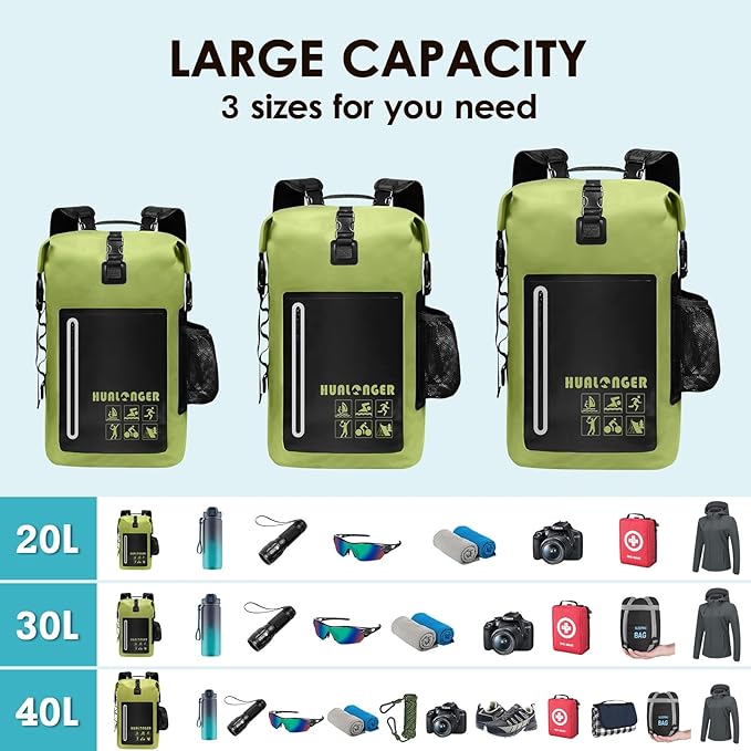 Waterproof Backpack 20L/30L/40L- Roll Top Closure Bag - Hiking Backpack - Lightweight Durable Floating Dry Bag with IPX8 Waterproof Phone Case
