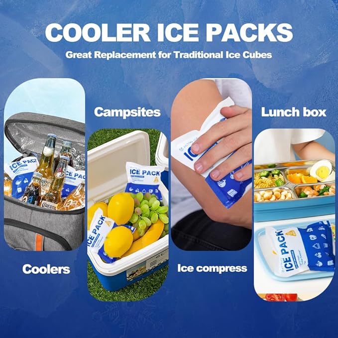 Blue Ice Packs for Coolers, Shipping and Lunch Box, Slim Size Long-Lasting Reusable Ice Pack, 4" x 4" Cold Gel Freezer Packs for Camping, Beach, Fishing, Shipping Food
