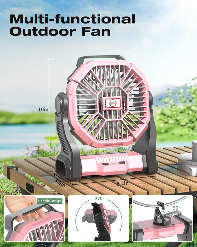 Camping Fan Rechargeable, Cordless Battery Powered Camping Fan with LED Lantern, Hanging Hook, 270°Rotation, 20000mAh Personal Battery Operated for Beach, Picnic, Fishing, Travel, Tent, BBQ