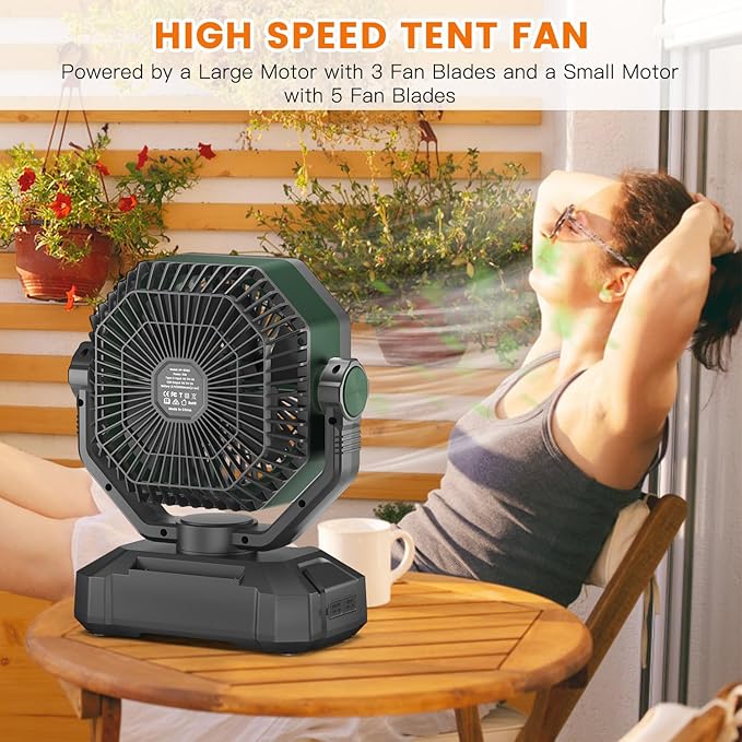 Camping Fan Rechargeble - Portable Battery Powered Fan 20000mAh with LED Lantern Light, Oscillating Tent Fan with Remote, USB Output, Dual Motor, Camping Fans for Tents, Travel, Home (Forest Green)