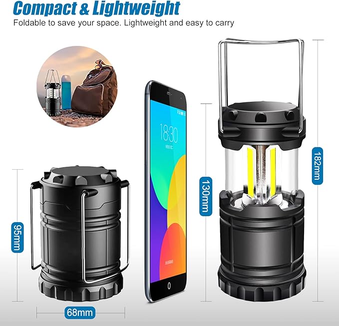 EXTRASTAR 2 Pack LED Battery Operated Lights, Portable Survival Battery Powered Lamp, Waterproof Camping Lantern, Suitable for Hurricane, Emergency, Storm, Outages, Outdoor Collapsible Lanterns, Black