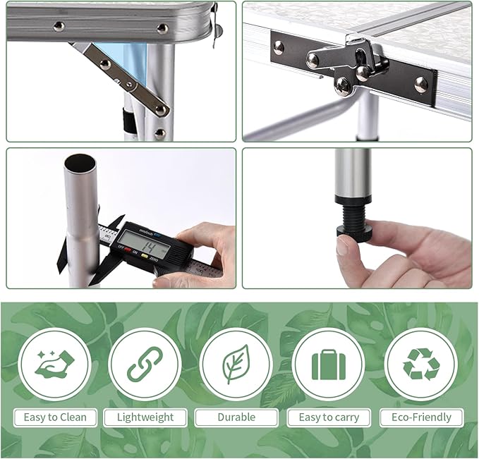Folding Camping Table 2ft Portable Pinic Table Adjustable Height Small Card Table Aluminum Foldable Lightweight with Carry Handle for Outdoor Indoor Hiking Camp BBQ Beach (Monstera Palm Leaves)