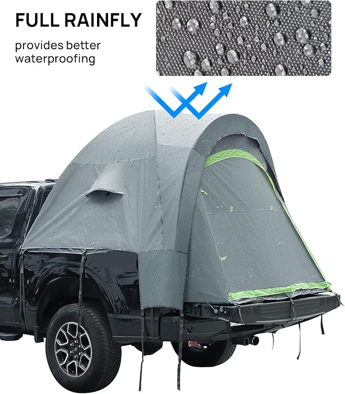 JOYTUTUS Pickup Truck Tent 8ft 2.0, Waterproof PU2000mm Double Layer for 2 Person, Portable Truck Bed Tent with Rainfly - Green, Aluminum Pole