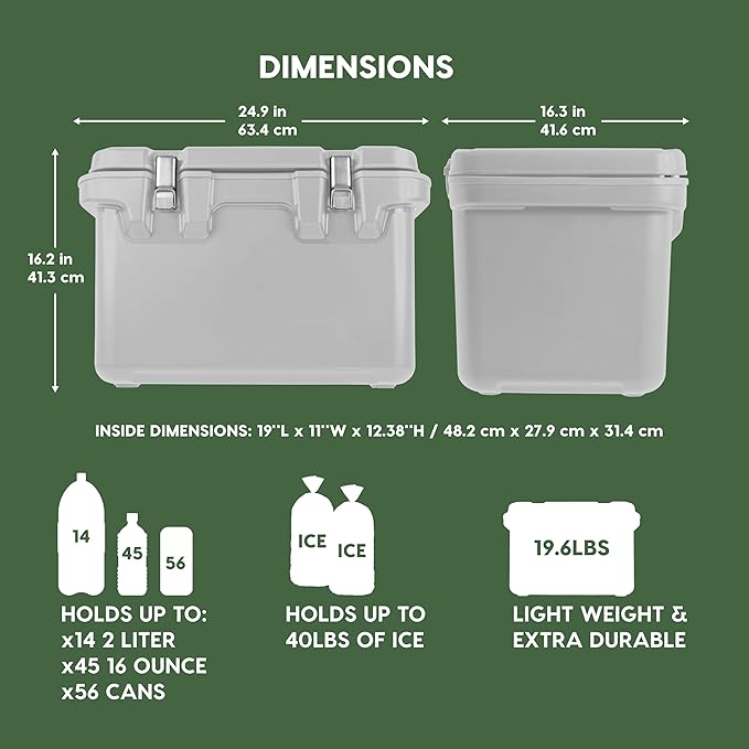 IRIS USA Hugel 44 QT Cooler, Heavy Duty Metal Buckles, Leak-Free Design, Durable Hard Cooler, Ice Chest with Bungee Strap, Molded Handles, Fishing Camping Boat Beach Tailgating Road Trips, Light Gray