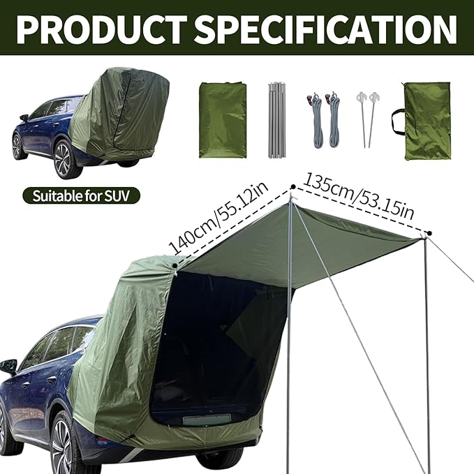 SUV Tents for Camping, 210D Heavy Duty Waterproof Tailgate Tent with Shade SUV Awning & Screen Net, Universal Car Tents for Full Size Camping SUV (Green)