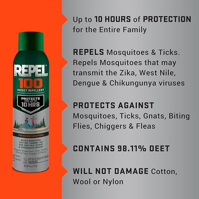 Repel 100 Insect Repellent, 4 Ounces, 98% DEET 10-Hour Protection Lon-Lasting Insect Repellent Aerosol Spray Repels Mosquitoes, Ticks, Gnats, Biting Flies, Chiggers And Fleas