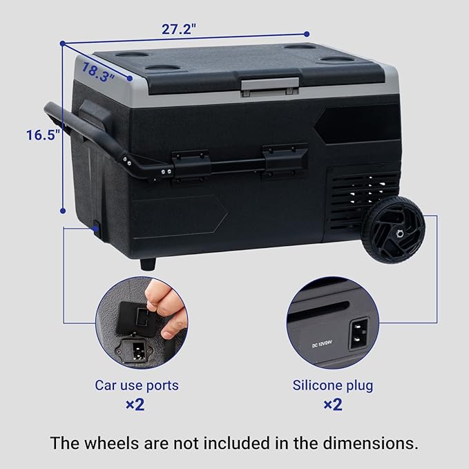 12Volt Car Refrigerator, 50L Portable Freezer/Fridge, DC 12V/24V Camping Cooler with wheels, -4℉~68℉, Basket, Compact Refrigerator for Outdoor, RV, Boat, Travel, Multi-directional Lid, Black
