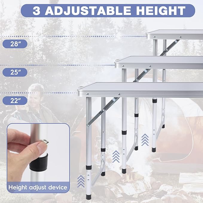Outdoor Folding Camping Table with Storage Organizer, Portable Aluminum Composite Panel Lightweight Table, 3 Adjustable Height, for Indoor, BBQ, Party, Picnic, Hiking, Blue