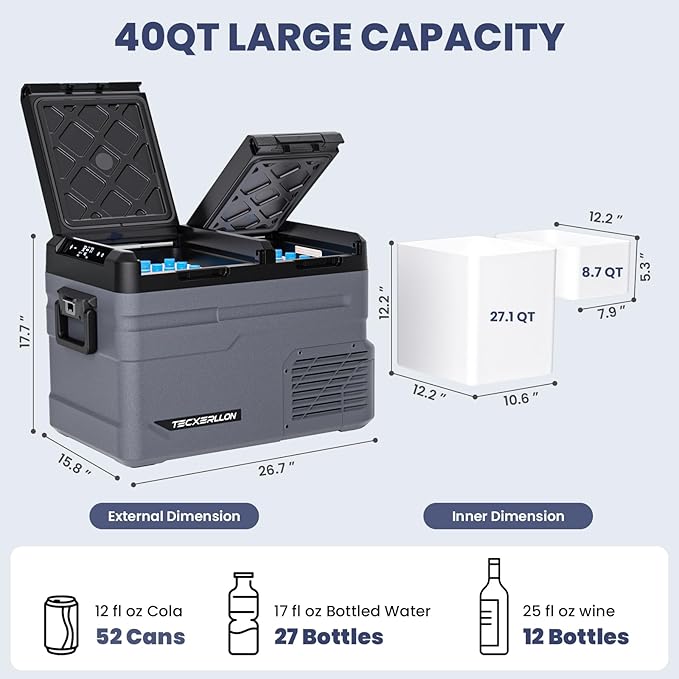 12 Volt Car Refrigerator Dual Zone Electric Cooler, 40 Quart Portable Freezer Fridge with APP Control, Compatible with Detachable Battery (Not Included), for Overlanding, Camping, RV, Truck