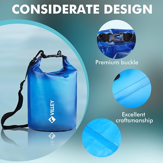 VILLEY Dry Bag Waterproof 5L Roll Top Sack Keeps Gear Dry Lightweight Dry Sack with Waterproof Phone Case for Kayaking Boating Camping Swimming and Beach Adventures Transparent Blue