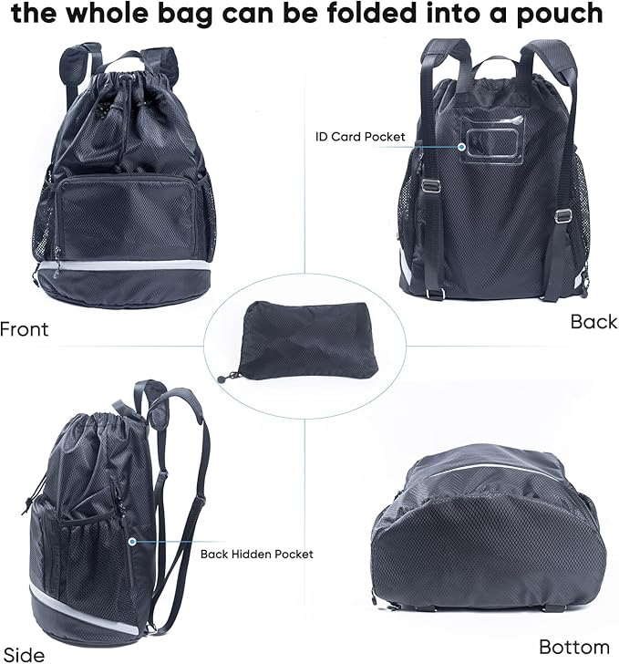 Swim Beach Gym Backpack - Drawstring with Shoes Compartment and Waterproof Pocket for Gym Accessories, Swim Essentials - Kids Mens Beach Workout Bag