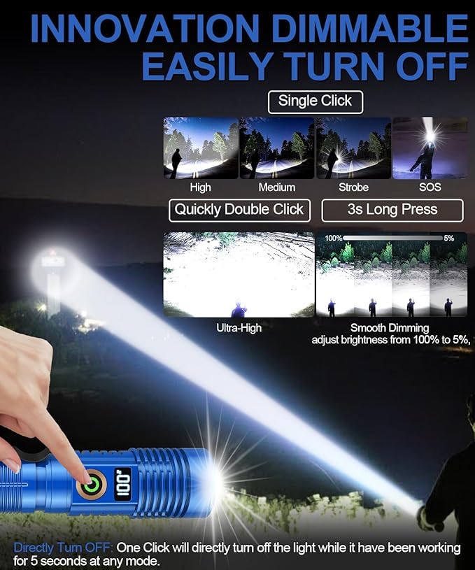 Rechargeable Flashlight High Lumens-12000LM Super Bright Magnetic Flash Light with Power Digital Display,3280Ft Long Range,Dimmable,Waterproof,Pocket LED Flashlights for Emergency Camping 2PC Blue