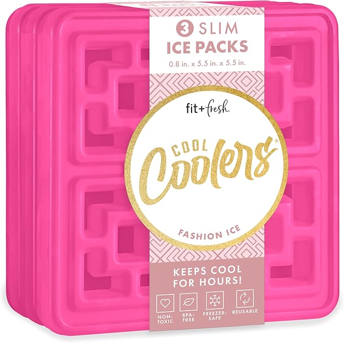 Cool Coolers Large Fashion Ice by Fit + Fresh, 3pk Ice Blocks for Lunchboxes, Freezer Packs for Coolers, Hot Pink