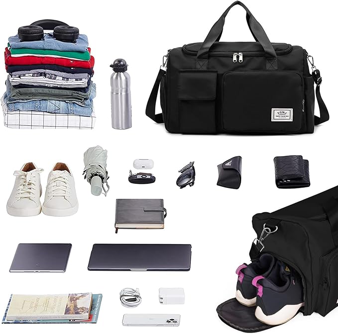 Travel Duffel Tote Bag with Dry Wet Separation Pocket, Weekender Bag for Women and Men,Waterproof Bag with Shoe Compartment Lightweight and Easy Carry on Black