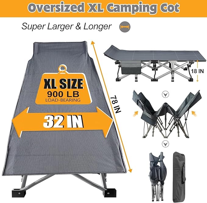 ABORON Oversized Folding Camping Cot for Adults, Double Layer 1200D, 500lb Capacity, Heavy Duty Guest Cot with Mat & Carrying Bag for Indoor & Outdoor Use