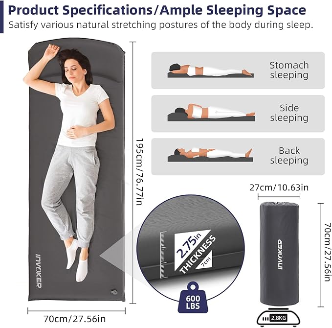 INVOKER Camping Sleeping Pad 2.75” Memory Foam Fast Self Inflating Insulated Durable Camping Mat Air Mattress with Pillow,for Tent, Traveling, Car, Camping, Grey