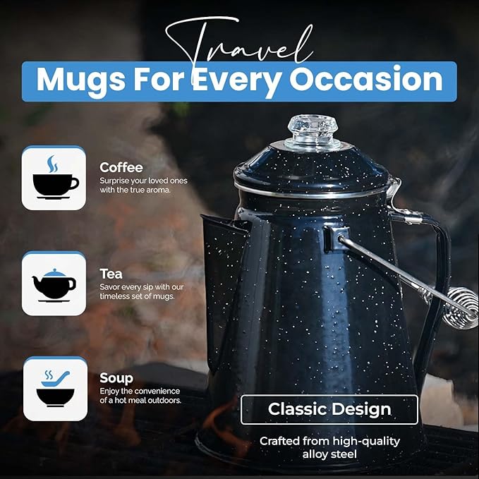 Toughty Enamel Coffee Percolator with 2 Cups - Stovetop Camping Coffee Maker for Open Fire, Grill or Gas Stove - Durable Old-Fashioned Cowboy-Style Metal Pot - 12-cup Classic Design - Black