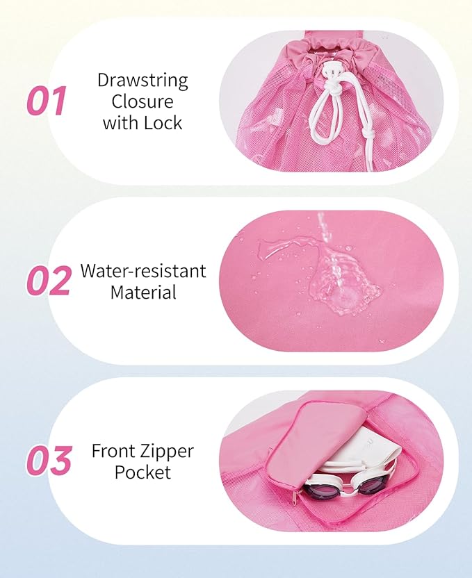 WANDF Swim Bag Foldable Mesh Drawstring Bag with Quick-dry Shoulder Strap Beach Backpack with Wet Pocket for Swimming, Gym, and Workout Gear (Pink Patent Pending)